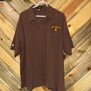 Antigua Golf 100% Silk Short Sleeve Button U Of Wyoming Shirt Mens L Brown 0353